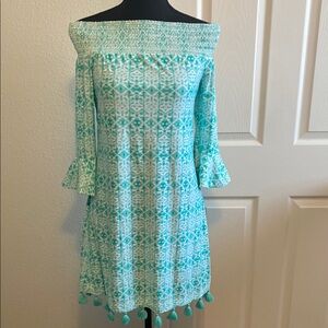 Off-Shoulder Teal Patterned Dress CABANA LIFE